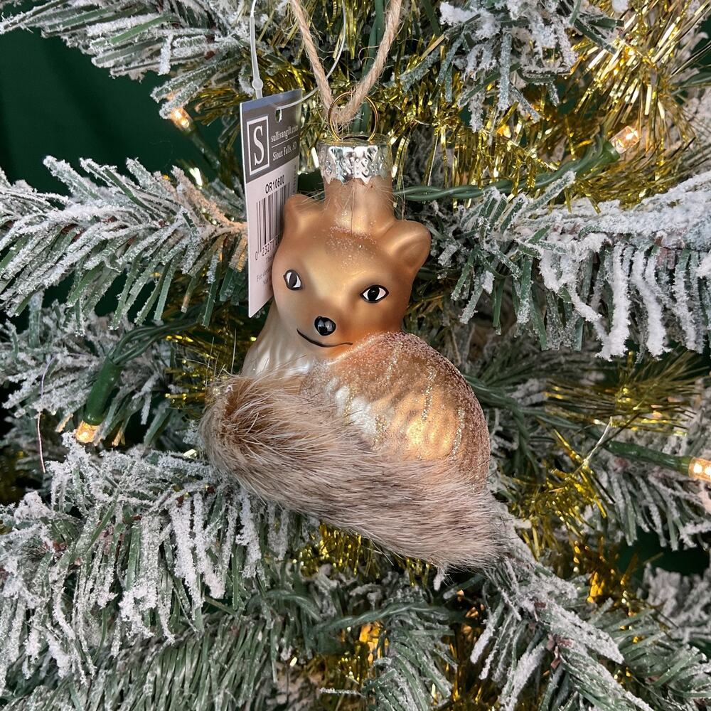 Sullivans Blown Glass Fox Christmas Ornament Faux Fur Tail Glitter Gold